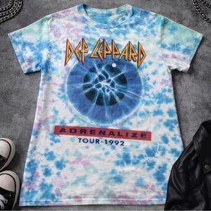 Def Leppard Adrenalize Tour 1992 White and Blue Tie Dye T Shirt Small